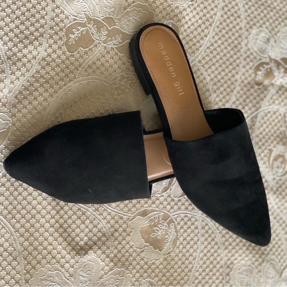 Madden Girl black suede mules!